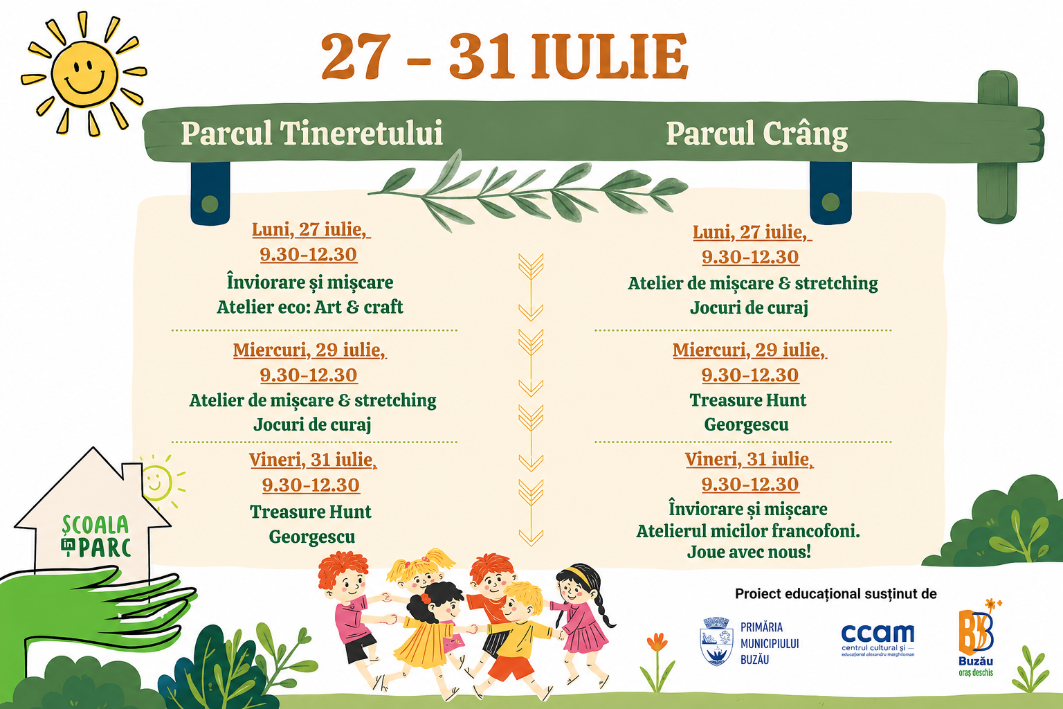 „Școala în Parc” continuă la Buzău: activități gratuite pentru copii în Parcul Tineretului și Parcul Crâng
